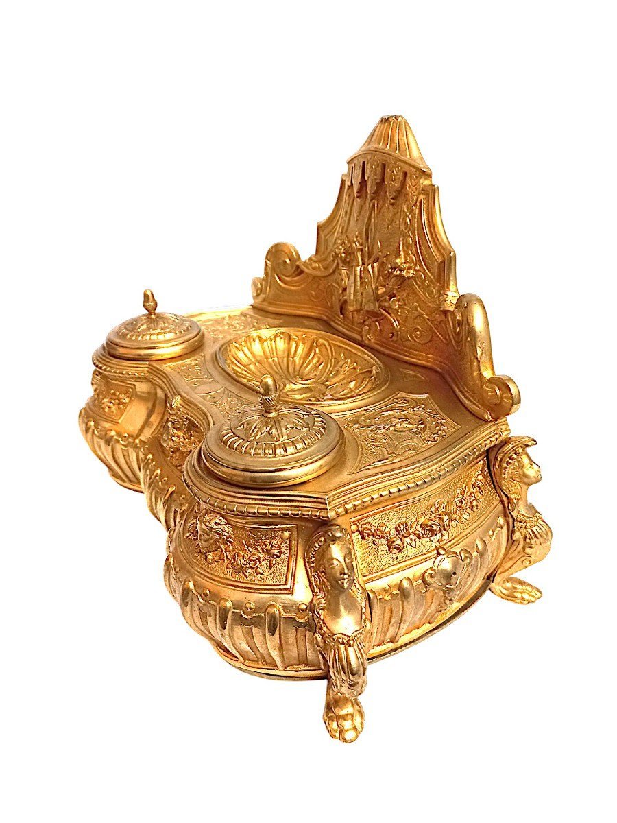Louis XIV Inkwell Signed Lerolle Frères Paris (1836-1863) Gilt Bronze-photo-2