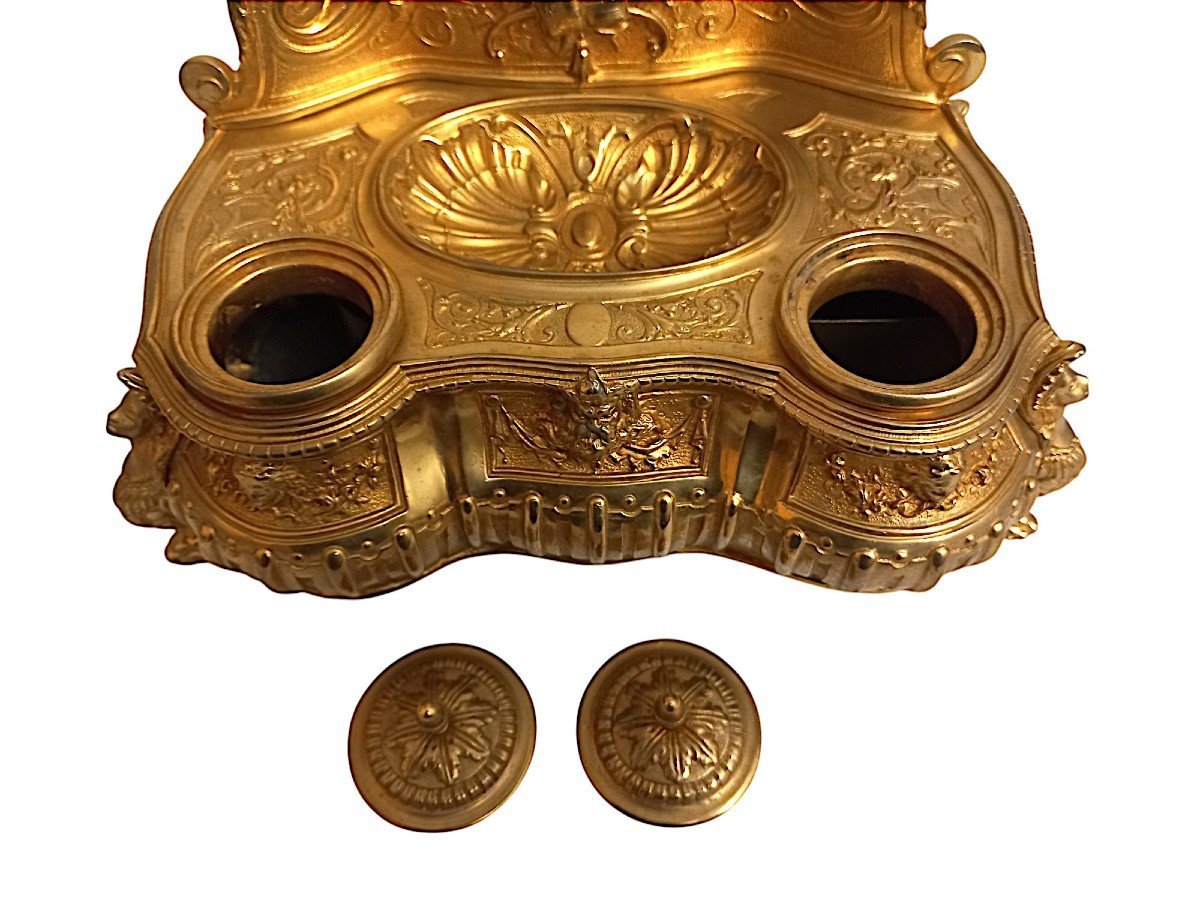 Louis XIV Inkwell Signed Lerolle Frères Paris (1836-1863) Gilt Bronze-photo-5