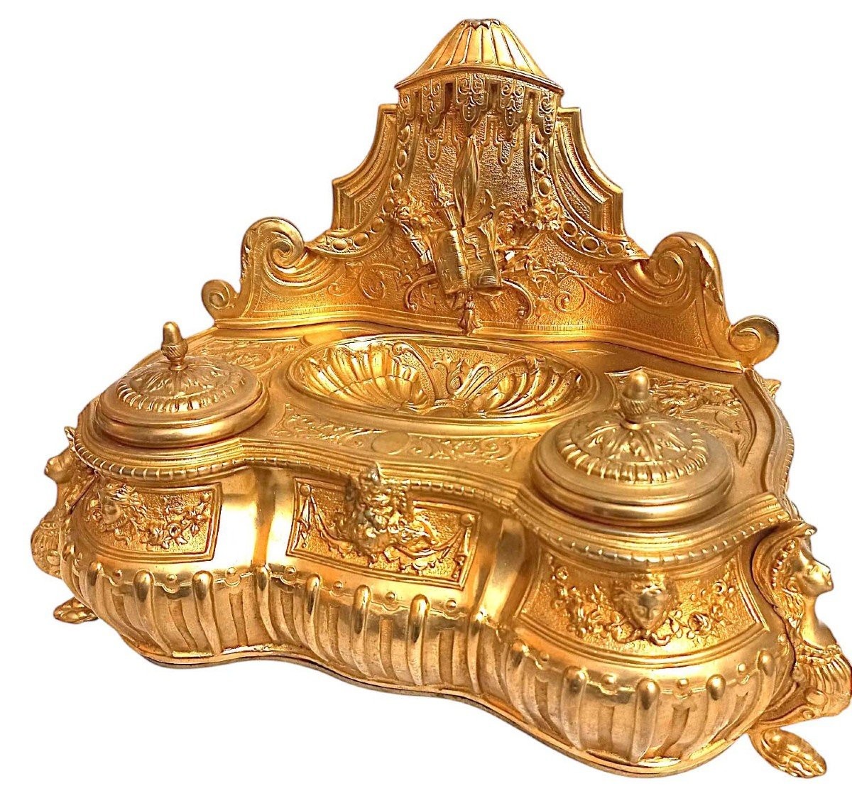 Louis XIV Inkwell Signed Lerolle Frères Paris (1836-1863) Gilt Bronze