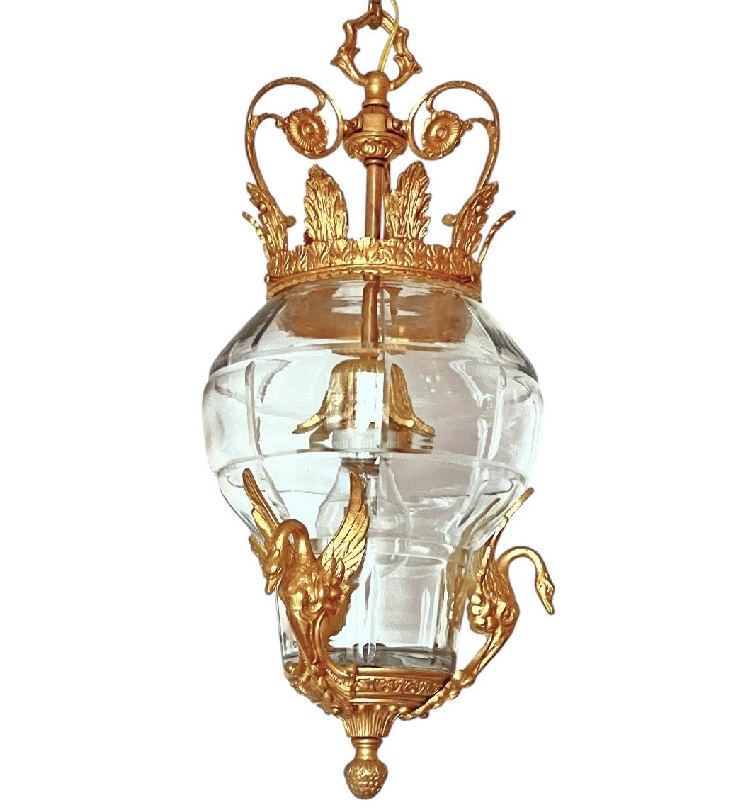 Lanterne à couronne verre taillé & bronze doré