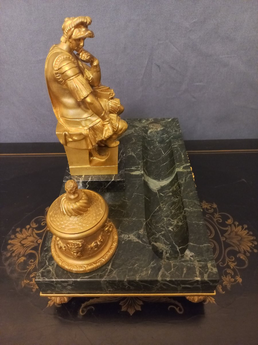 Encrier Laurent de Médicis bronze doré et marbre vert XIXe-photo-4