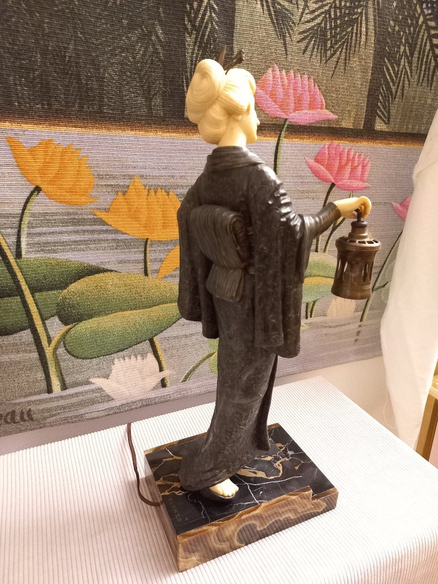 Alonzo Sculpture Art Déco Chryséléphantine Japonaise à La Lumière-photo-3