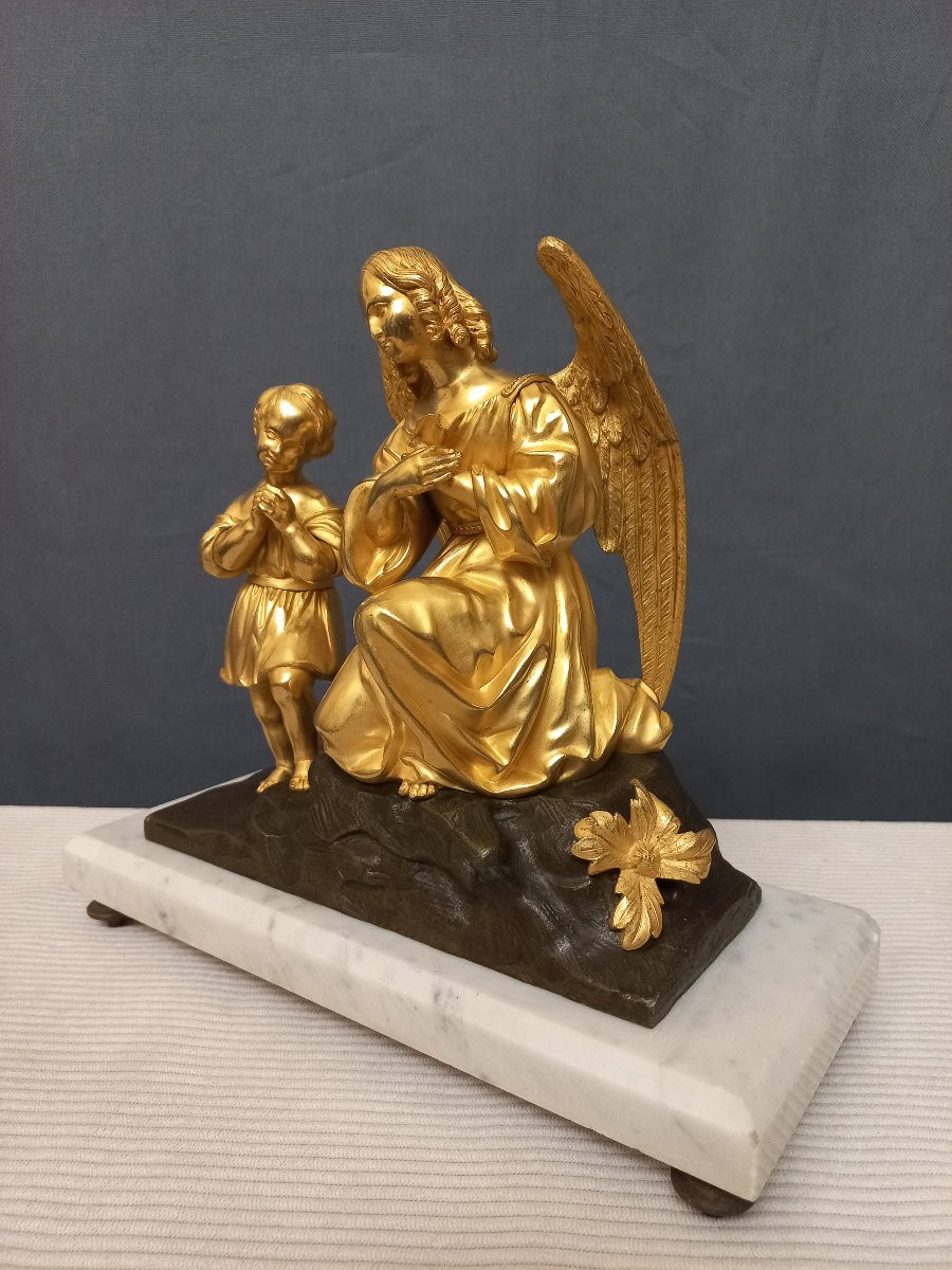 Bronze XIXe l'Ange et l'Enfant dorure au mercure-photo-2