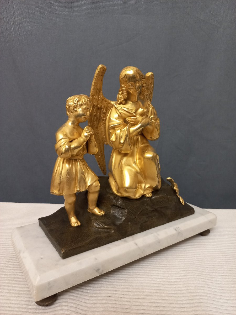 Bronze XIXe l'Ange et l'Enfant dorure au mercure-photo-3