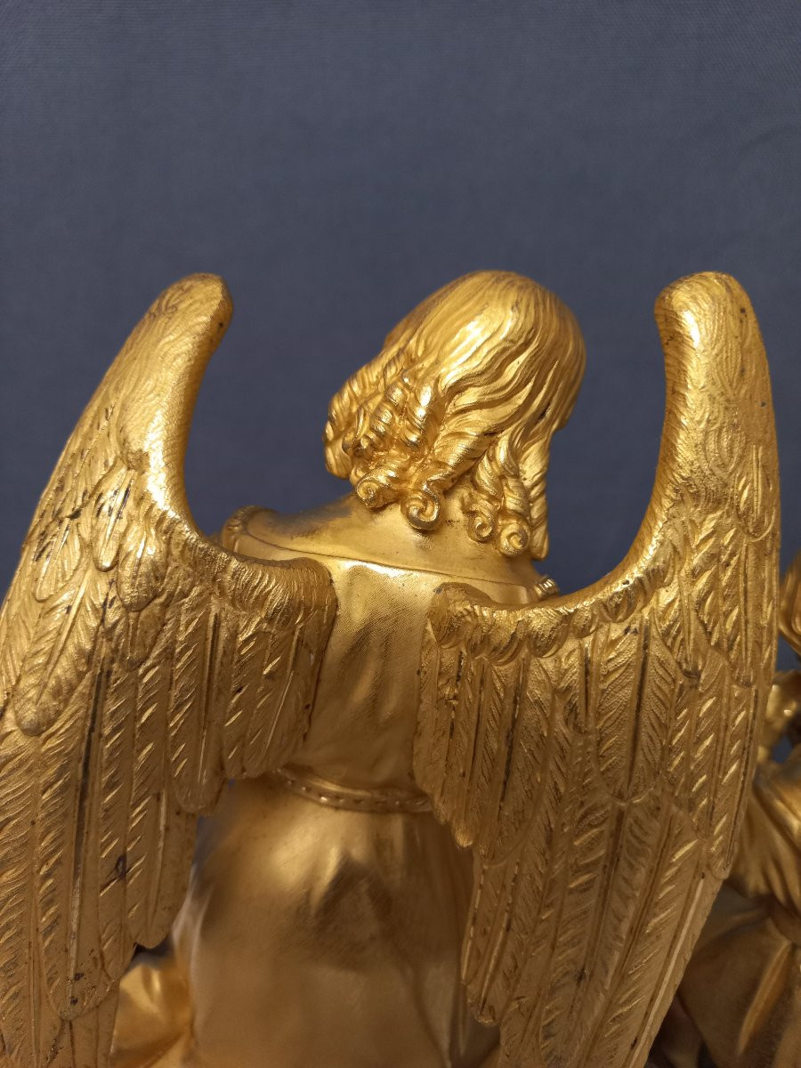 Bronze XIXe l'Ange et l'Enfant dorure au mercure-photo-1