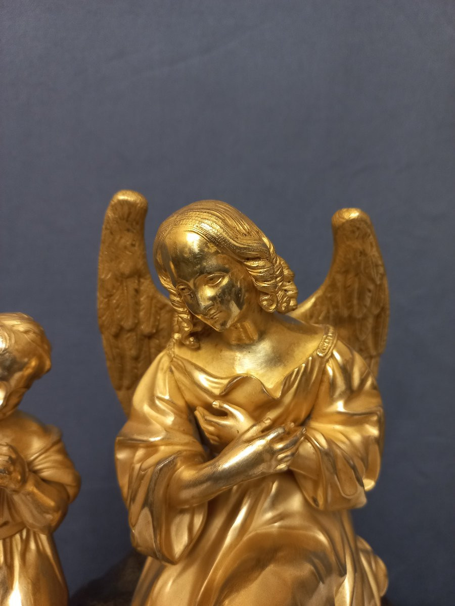 Bronze XIXe l'Ange et l'Enfant dorure au mercure-photo-3
