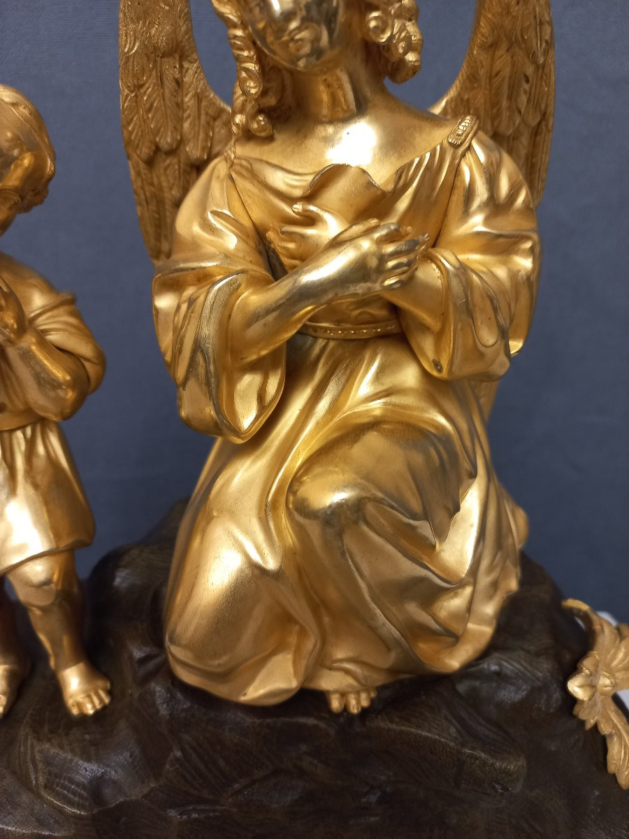 Bronze XIXe l'Ange et l'Enfant dorure au mercure-photo-4