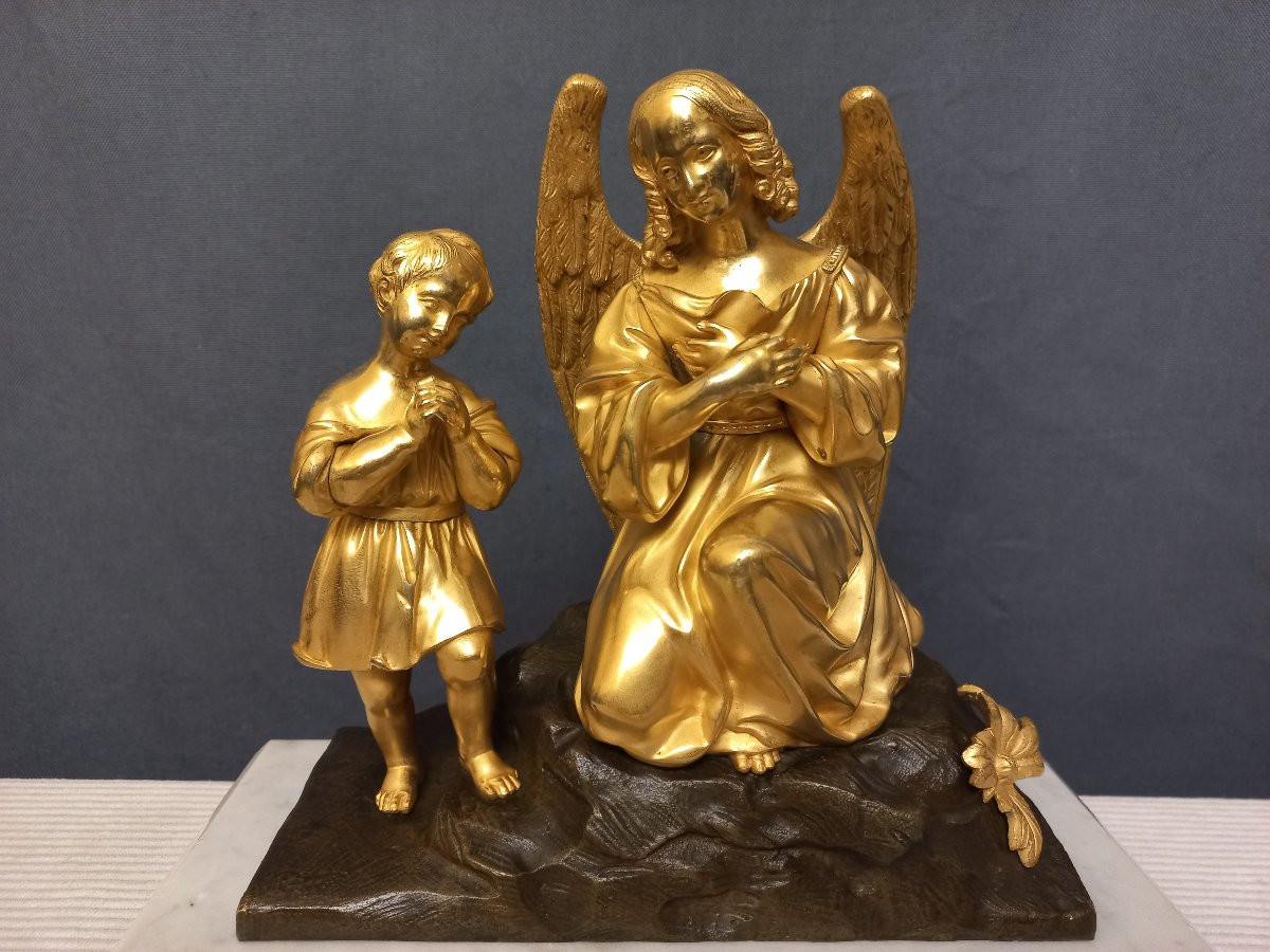 Bronze XIXe l'Ange et l'Enfant dorure au mercure-photo-7
