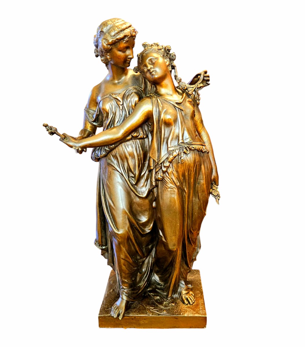 Dumaige Etienne Henri (1830-1888) Bronze Group, Young Women Dressed In Antique Style 