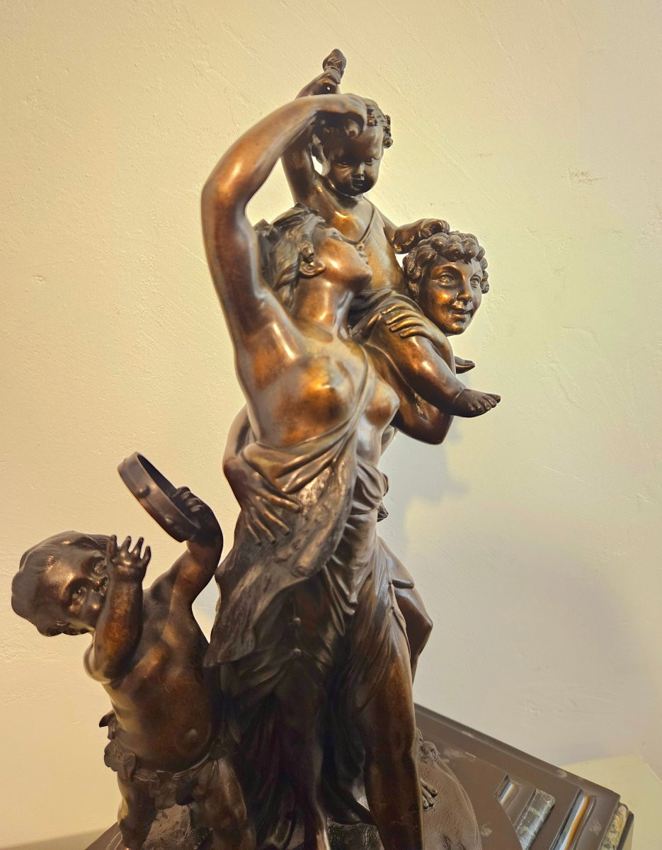 "L’enfance de Silène" Signé Clodion Groupe en bronze XIXème -photo-2