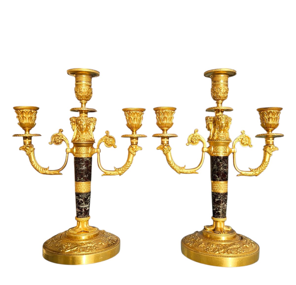 Pair Of Empire Style Gilt Bronze And Marble Candelabra, 19th Century -photo-3