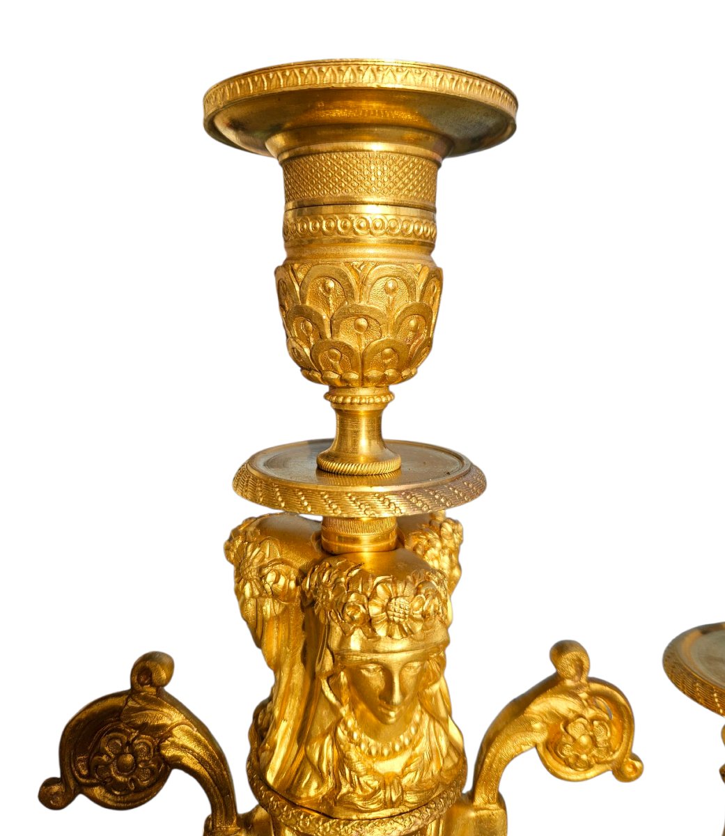 Pair Of Empire Style Gilt Bronze And Marble Candelabra, 19th Century -photo-4