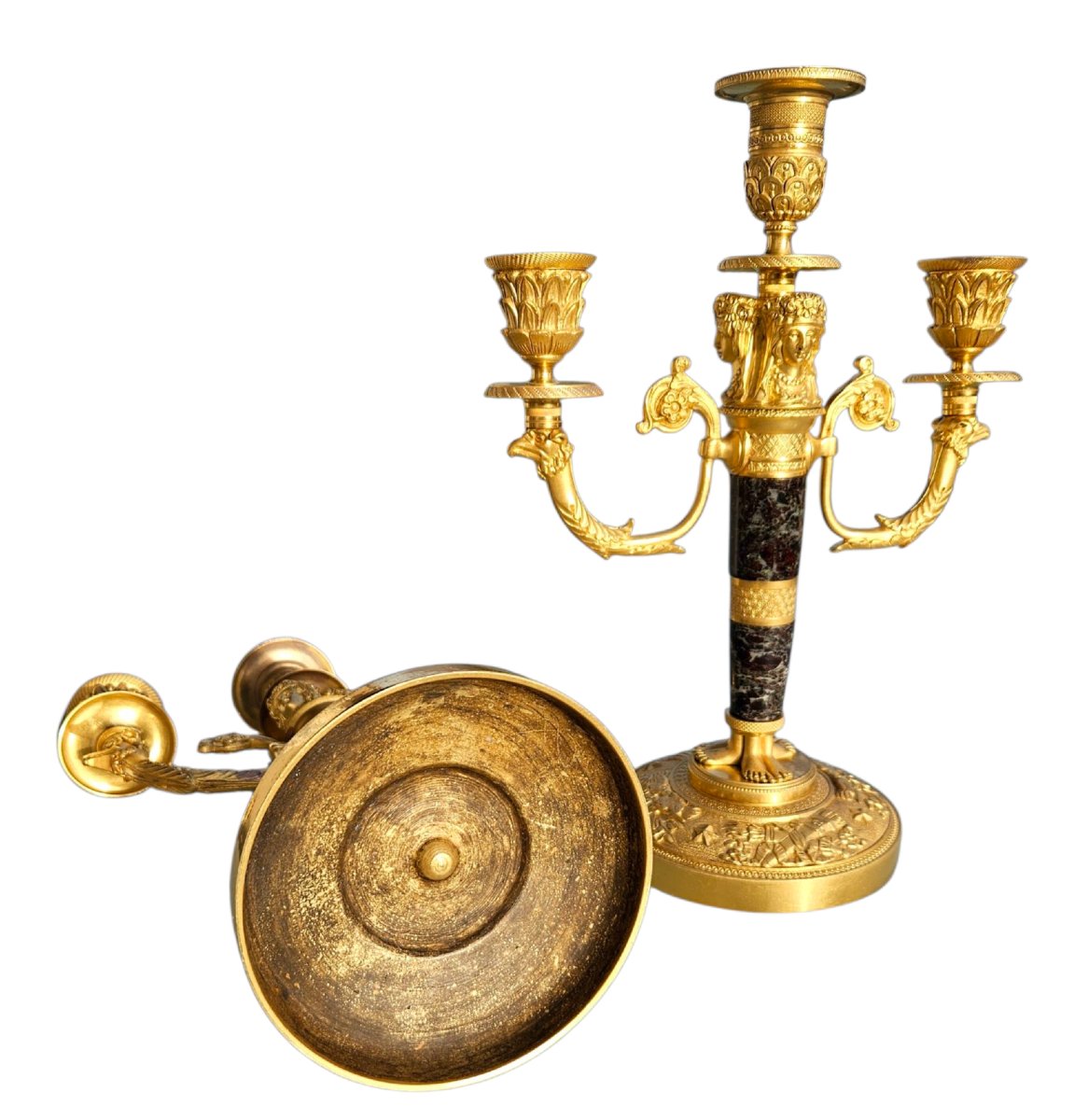 Pair Of Empire Style Gilt Bronze And Marble Candelabra, 19th Century -photo-1