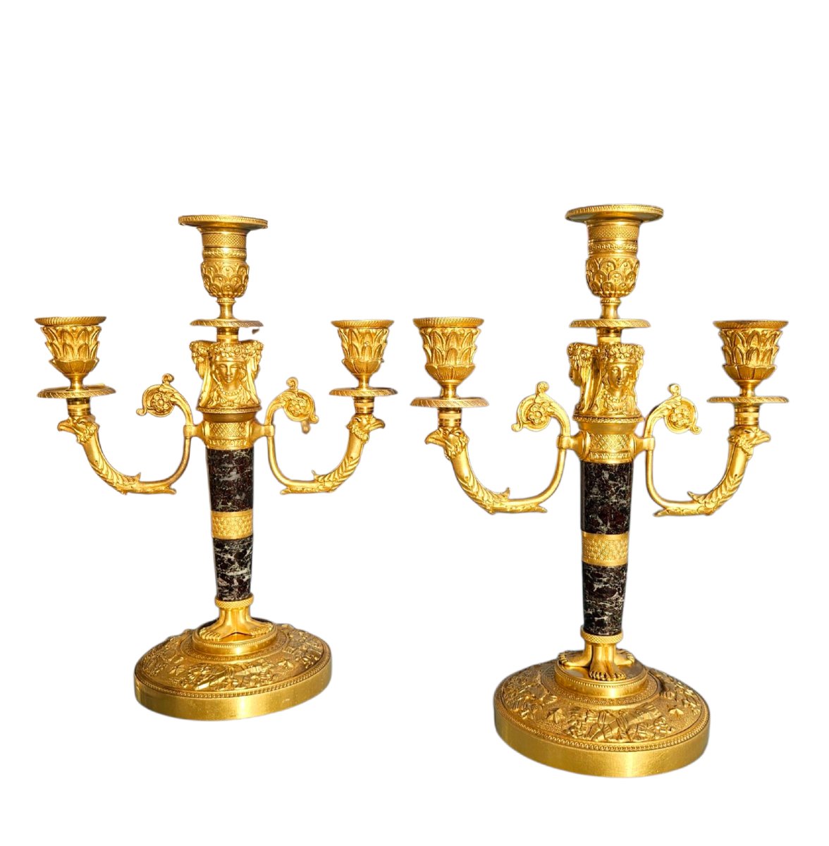 Pair Of Empire Style Gilt Bronze And Marble Candelabra, 19th Century -photo-5