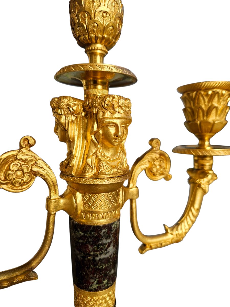 Pair Of Empire Style Gilt Bronze And Marble Candelabra, 19th Century -photo-7