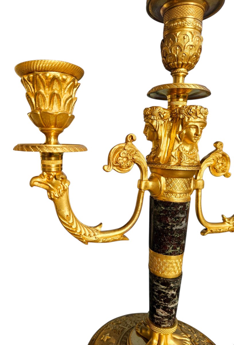 Pair Of Empire Style Gilt Bronze And Marble Candelabra, 19th Century -photo-8