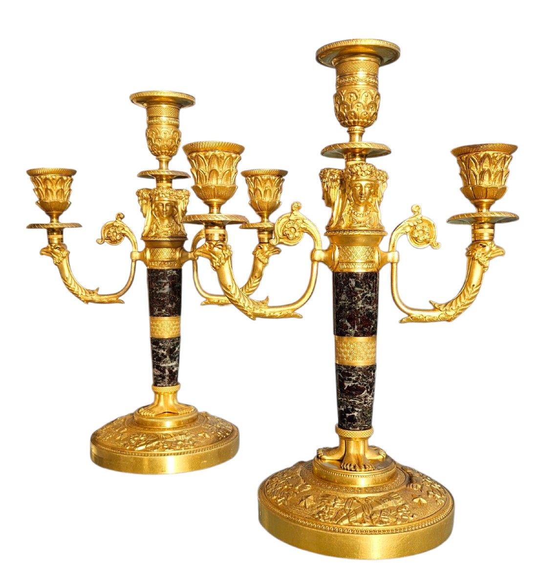 Pair Of Empire Style Gilt Bronze And Marble Candelabra, 19th Century 