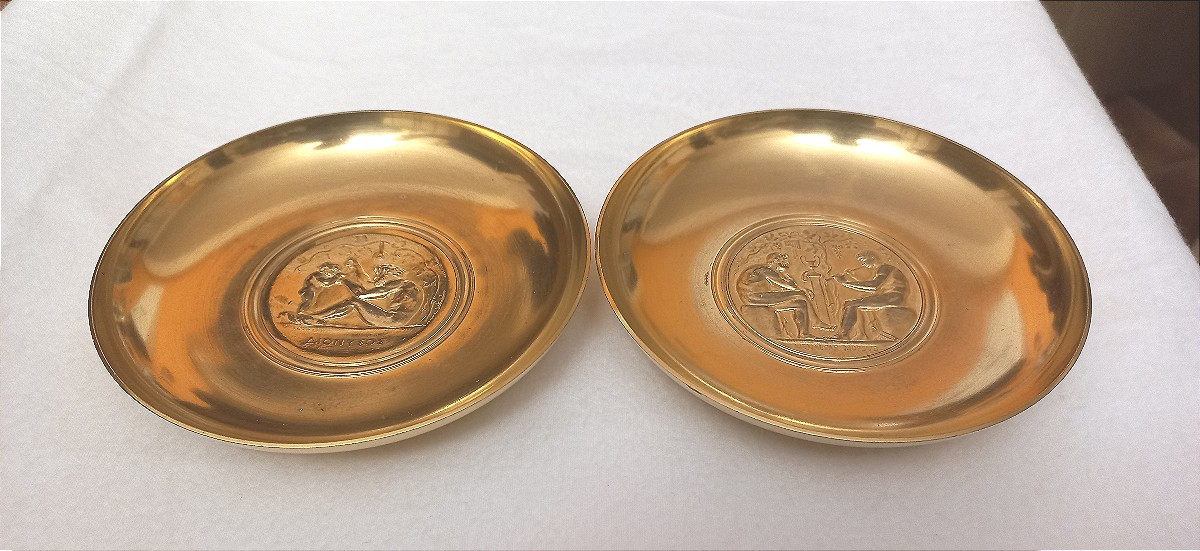 Paire de coupes F Levillain Barbedienne bronze doré Ménélas & Alonysos-photo-4