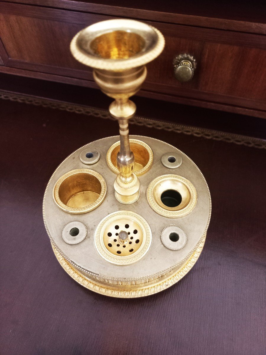 Encrier Empire à Bougeoir Bronze Ciselé Et Doré Au Mercure-photo-3