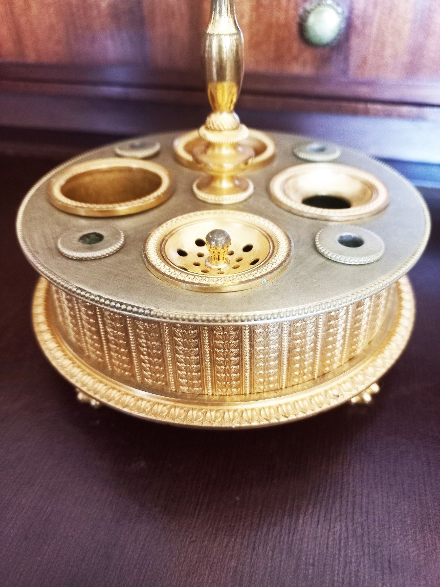 Encrier Empire à Bougeoir Bronze Ciselé Et Doré Au Mercure-photo-4