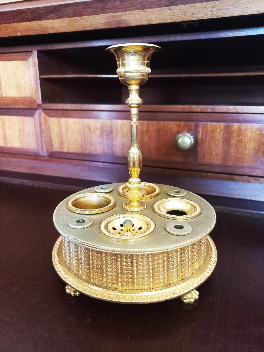 Encrier Empire à Bougeoir Bronze Ciselé Et Doré Au Mercure-photo-6