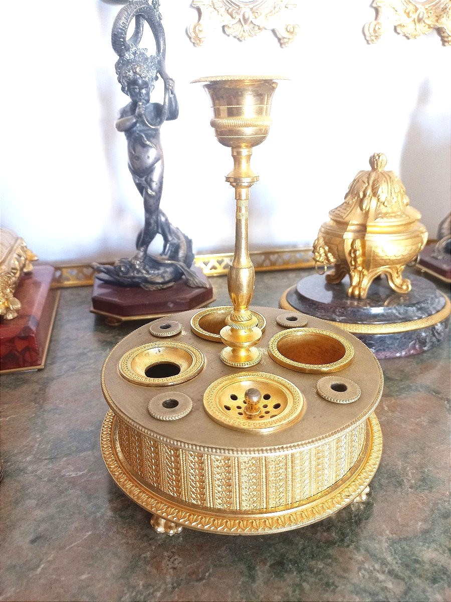 Encrier Empire à Bougeoir Bronze Ciselé Et Doré Au Mercure