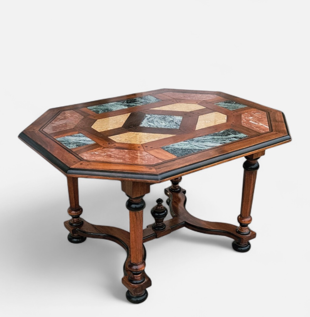 Louis XIV Style Walnut Coffee Table With Marble Marquetry