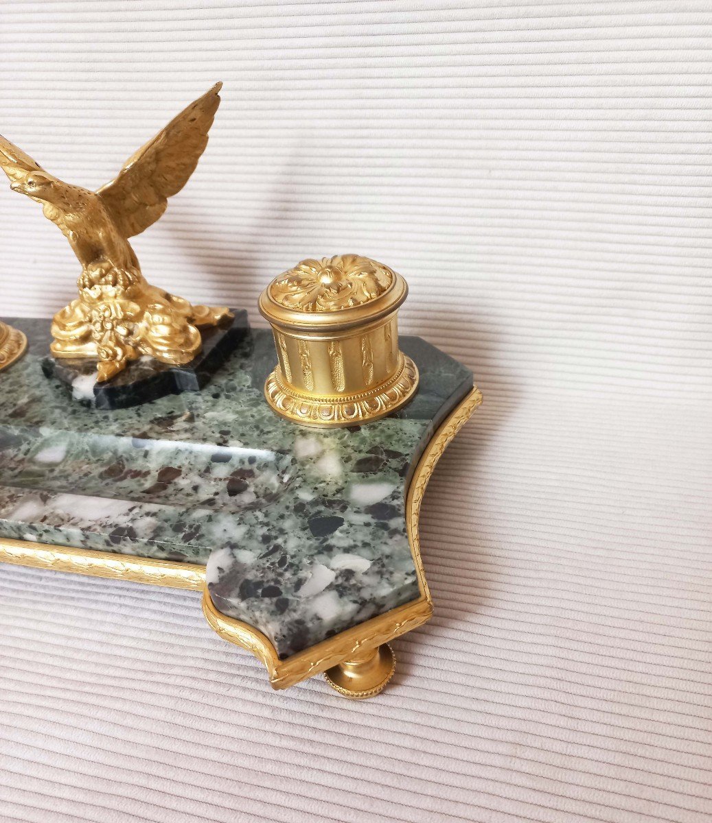 Encrier En Marbre Vert De Suède Et Bronze Doré-photo-3