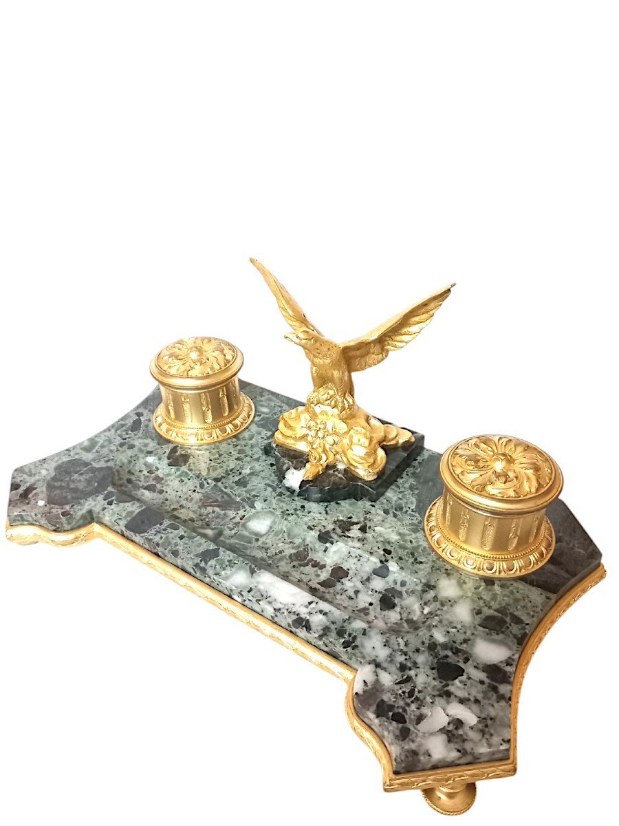 Encrier En Marbre Vert De Suède Et Bronze Doré-photo-4