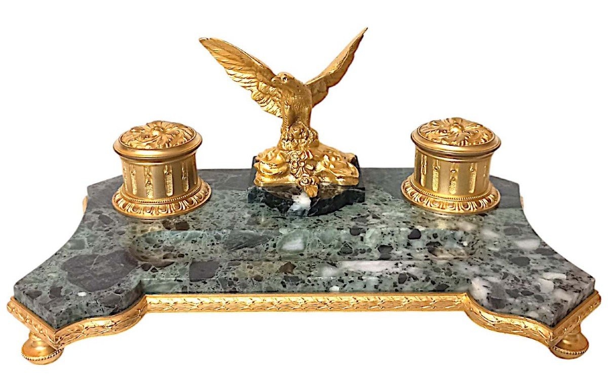 Encrier En Marbre Vert De Suède Et Bronze Doré