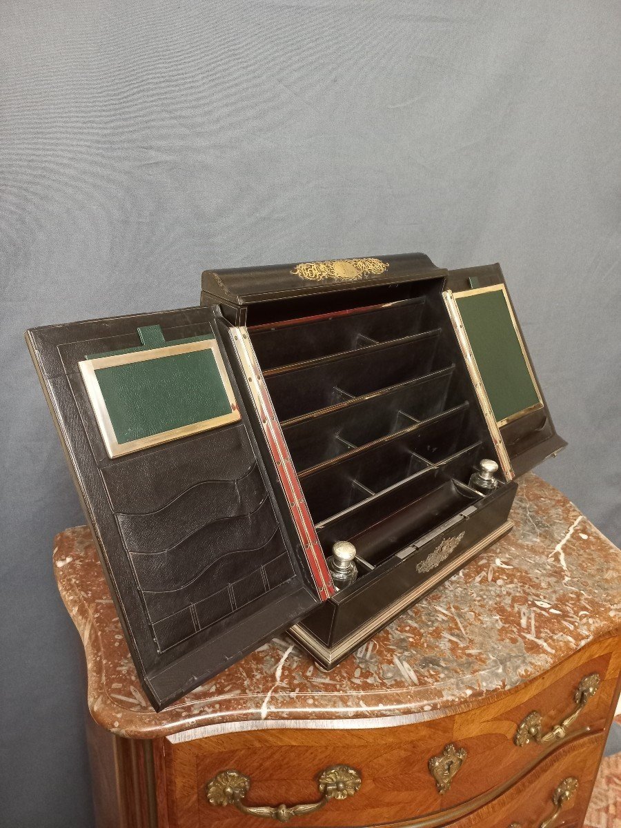 Ecritoire Sormani  En Cuir Noir Et Laiton Argenté-photo-3