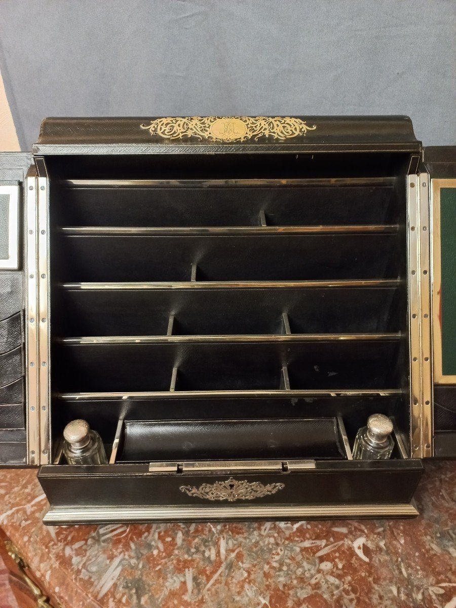 Ecritoire Sormani  En Cuir Noir Et Laiton Argenté-photo-4