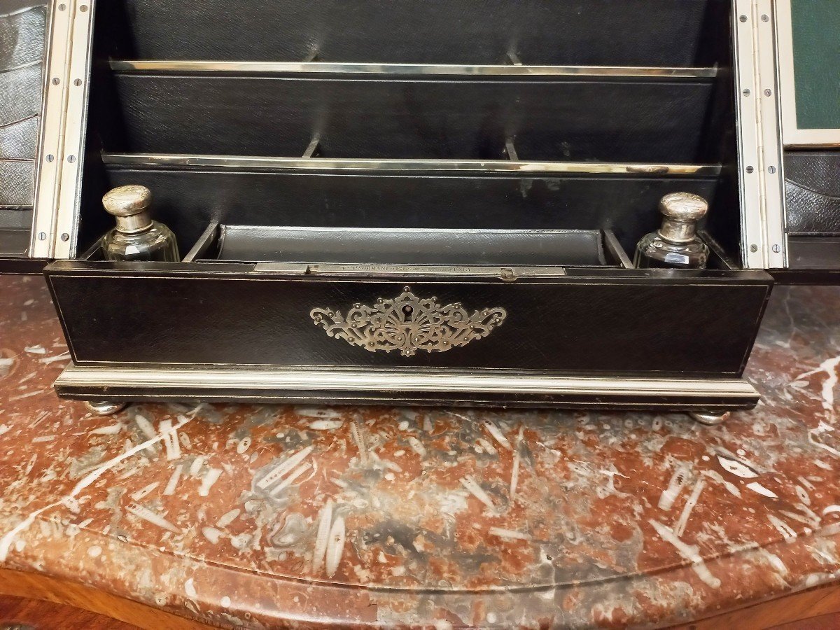 Ecritoire Sormani  En Cuir Noir Et Laiton Argenté-photo-5