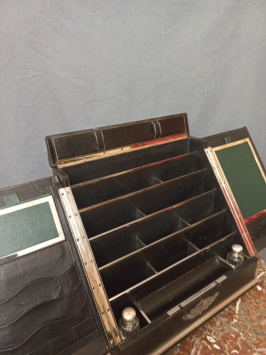 Ecritoire Sormani  En Cuir Noir Et Laiton Argenté-photo-6