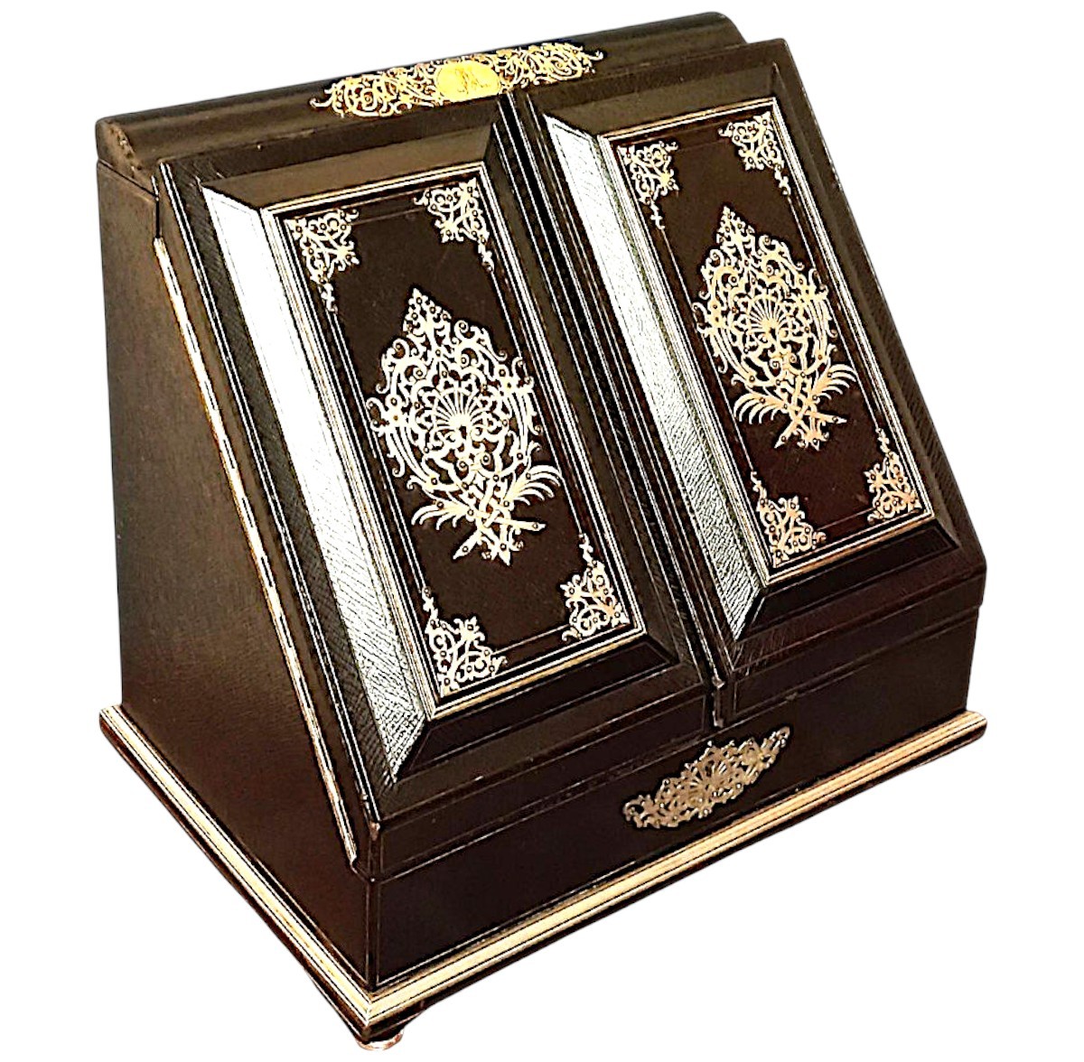 Ecritoire Sormani  En Cuir Noir Et Laiton Argenté