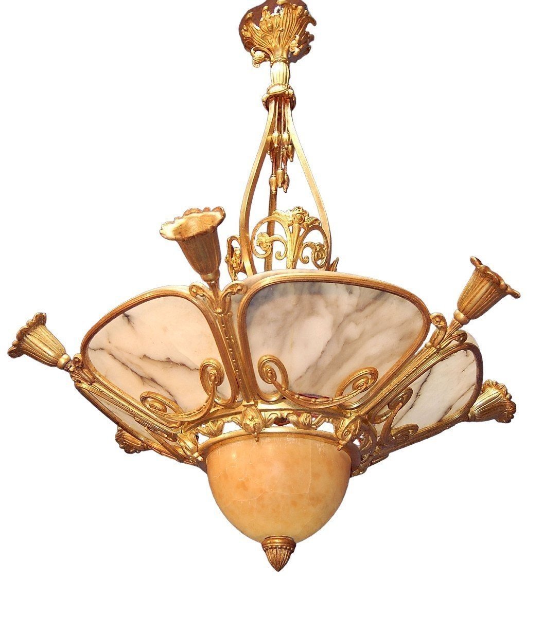 Art Deco Chandelier In Gilt Bronze And Alabaster-photo-4