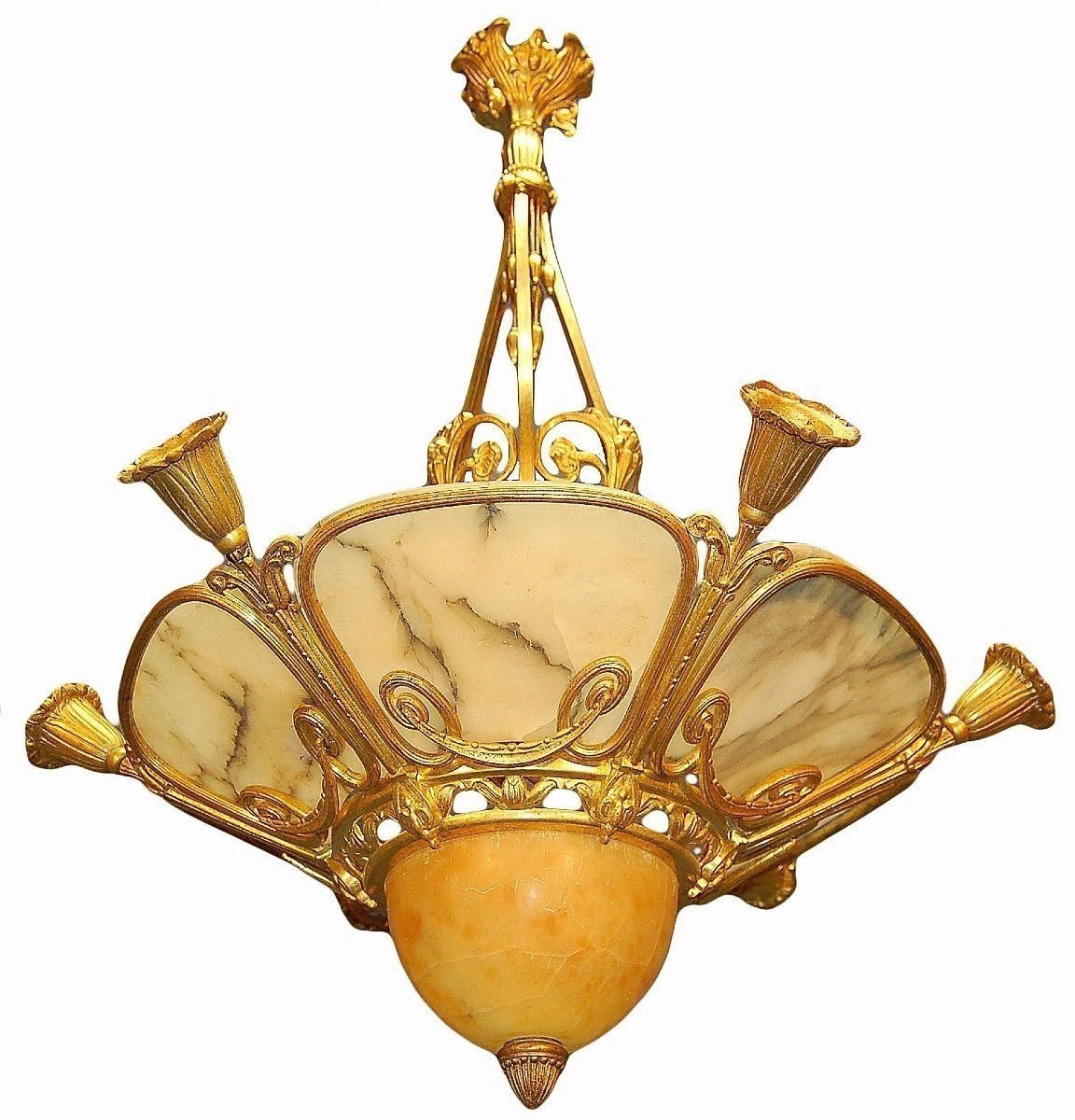 Art Deco Chandelier In Gilt Bronze And Alabaster-photo-1