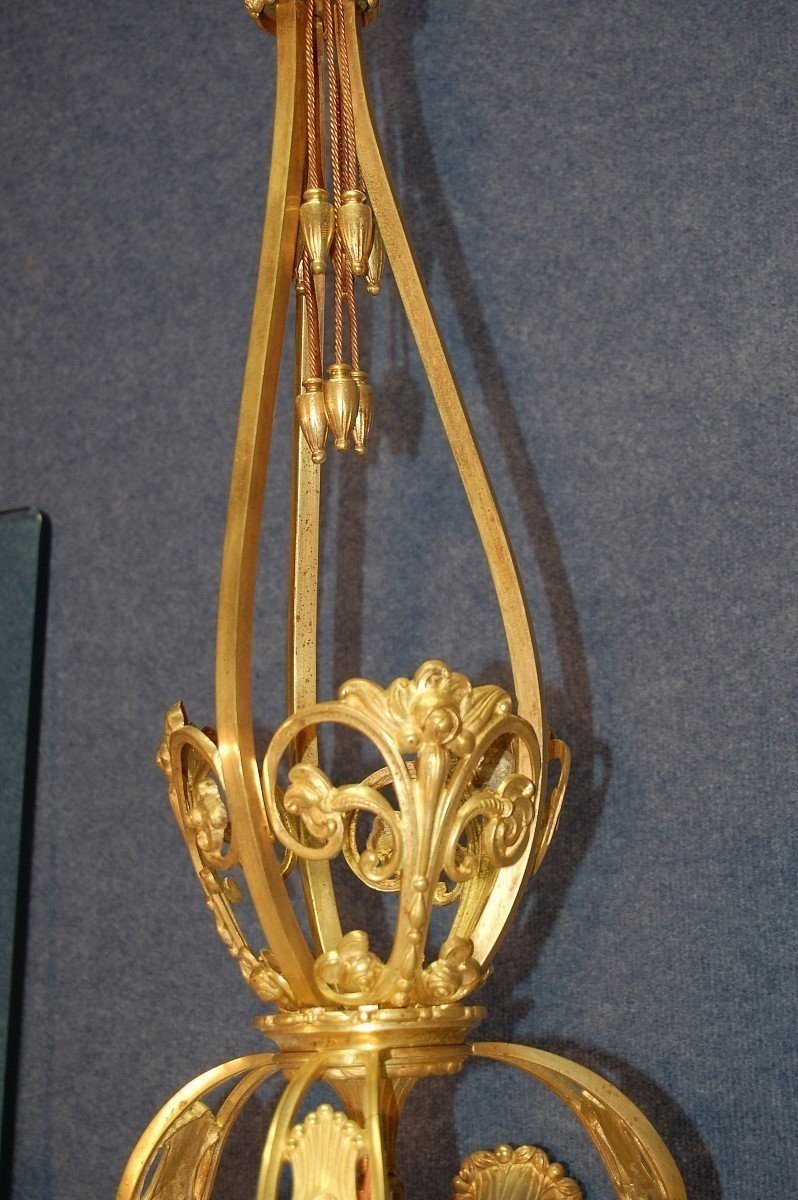 Art Deco Chandelier In Gilt Bronze And Alabaster-photo-7