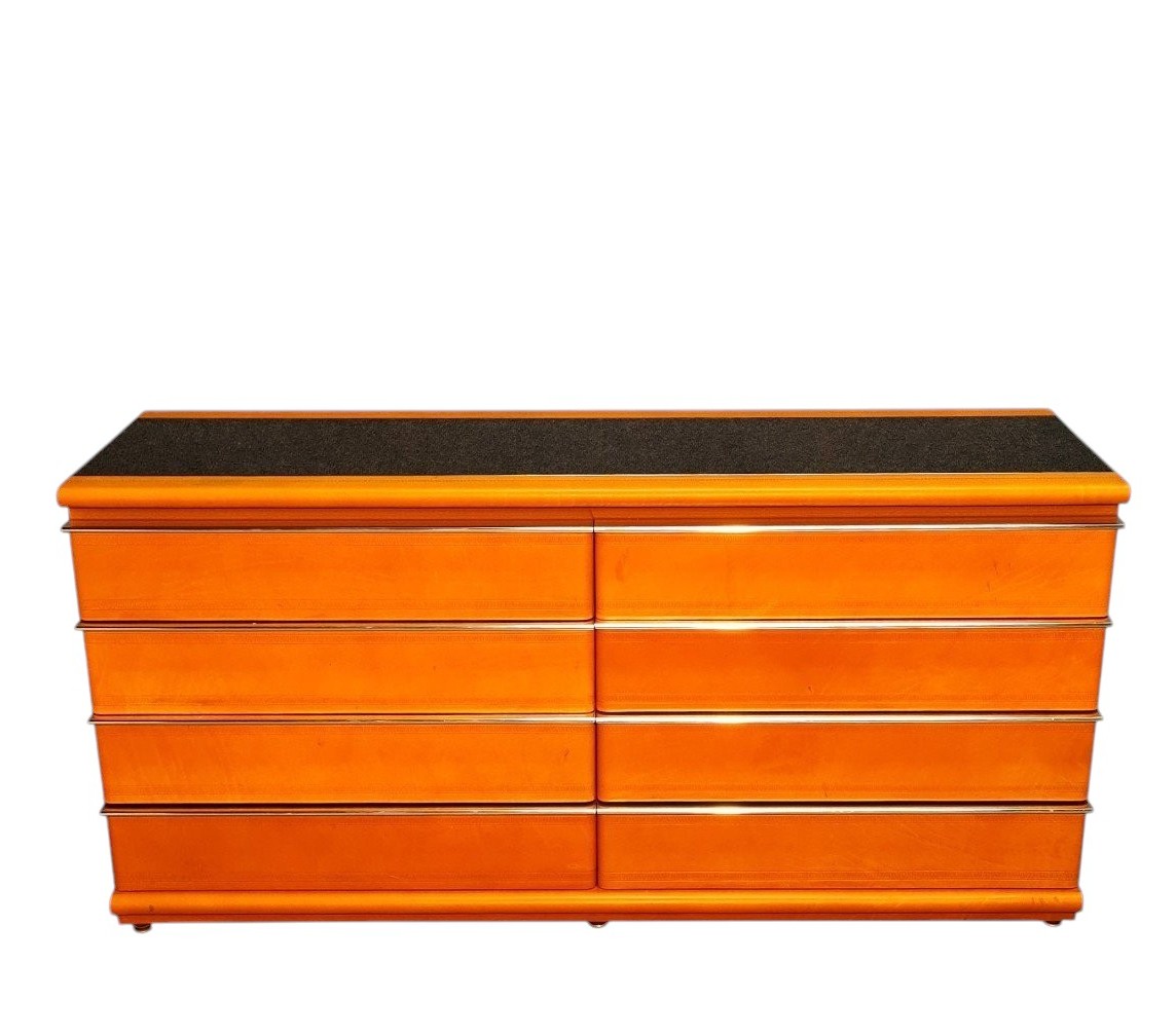 70s Leather And Opaline Chest Of Drawers