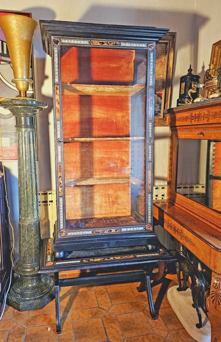 Vitrine Louis XIV Marqueté Ivoire Gravé Et écaille De Tortue Sur Pied En X-photo-2