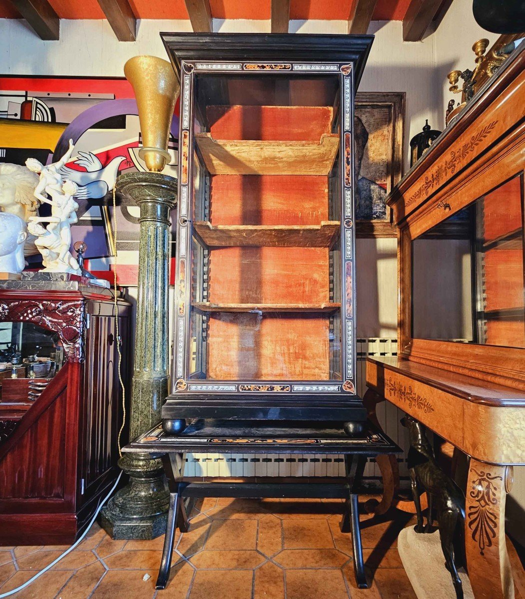 Vitrine Louis XIV Marqueté Ivoire Gravé Et écaille De Tortue Sur Pied En X-photo-3