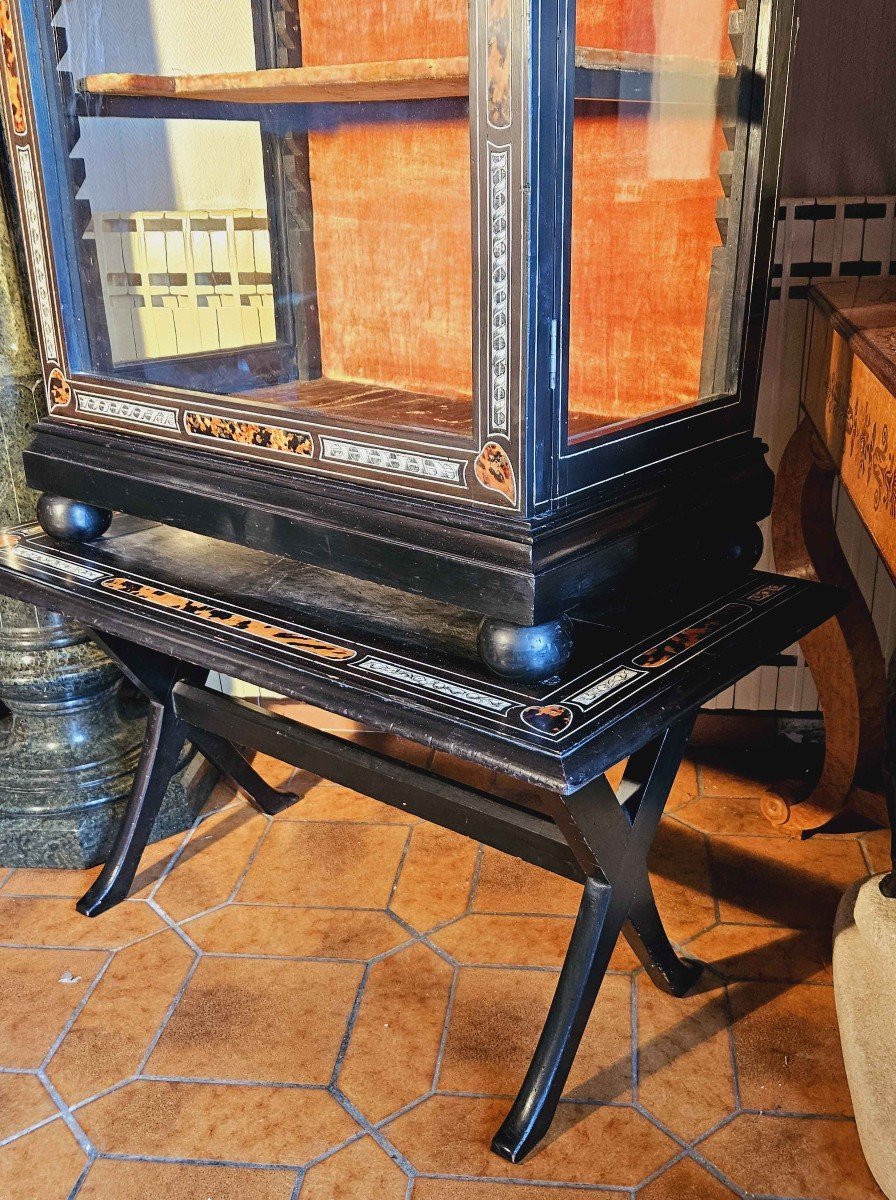 Vitrine Louis XIV Marqueté Ivoire Gravé Et écaille De Tortue Sur Pied En X-photo-3