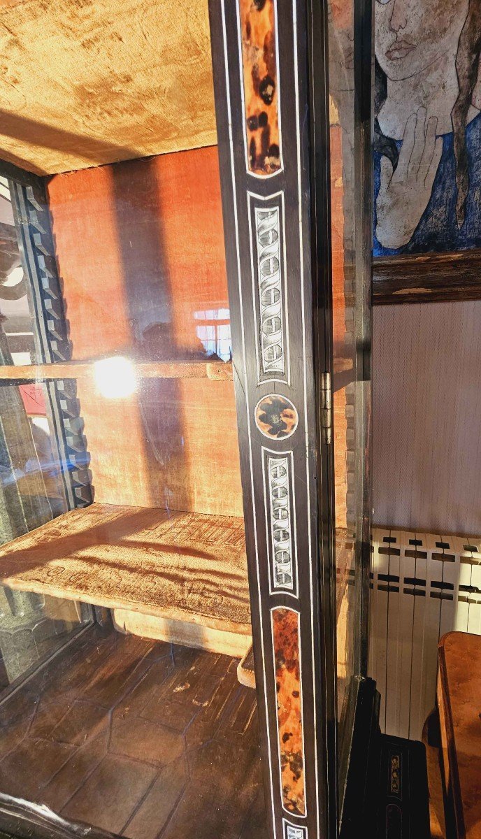 Vitrine Louis XIV Marqueté Ivoire Gravé Et écaille De Tortue Sur Pied En X-photo-5