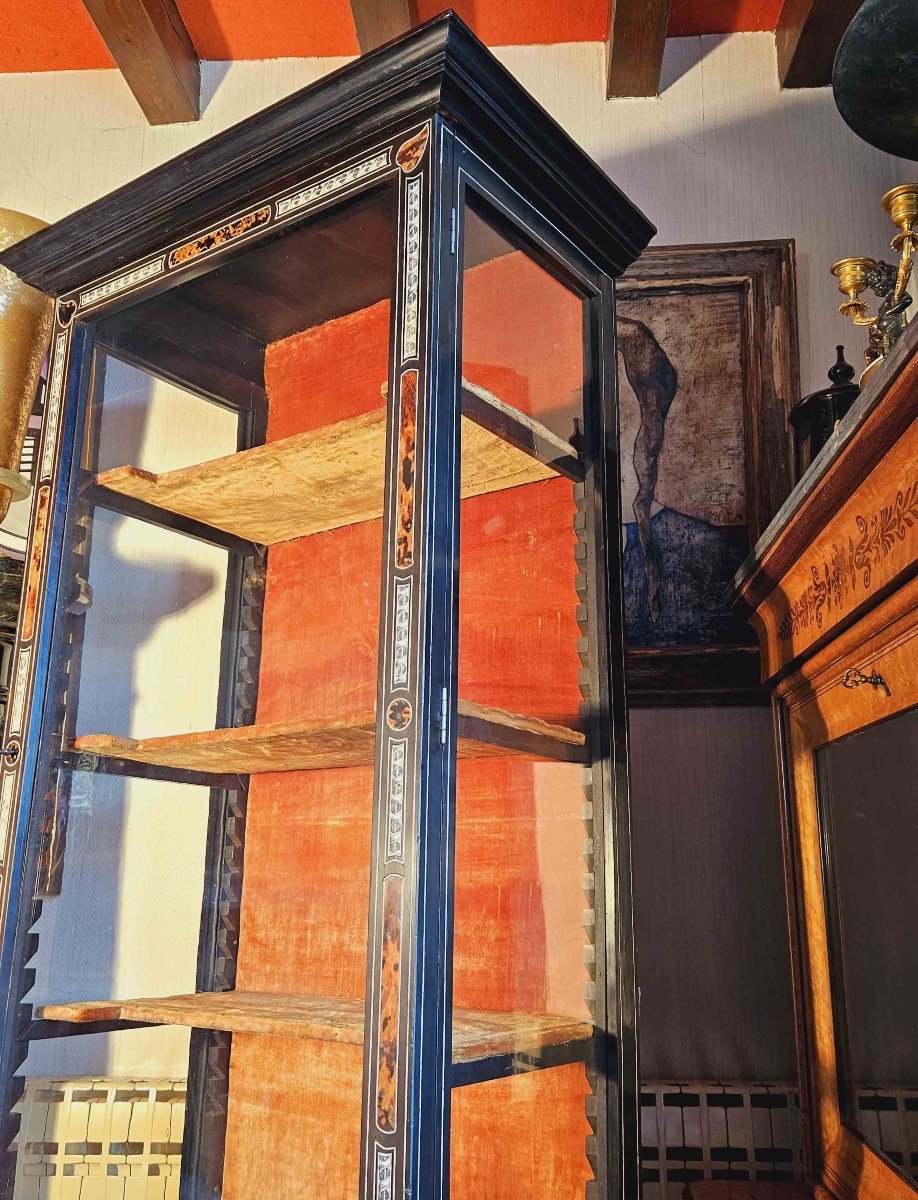 Vitrine Louis XIV Marqueté Ivoire Gravé Et écaille De Tortue Sur Pied En X-photo-6