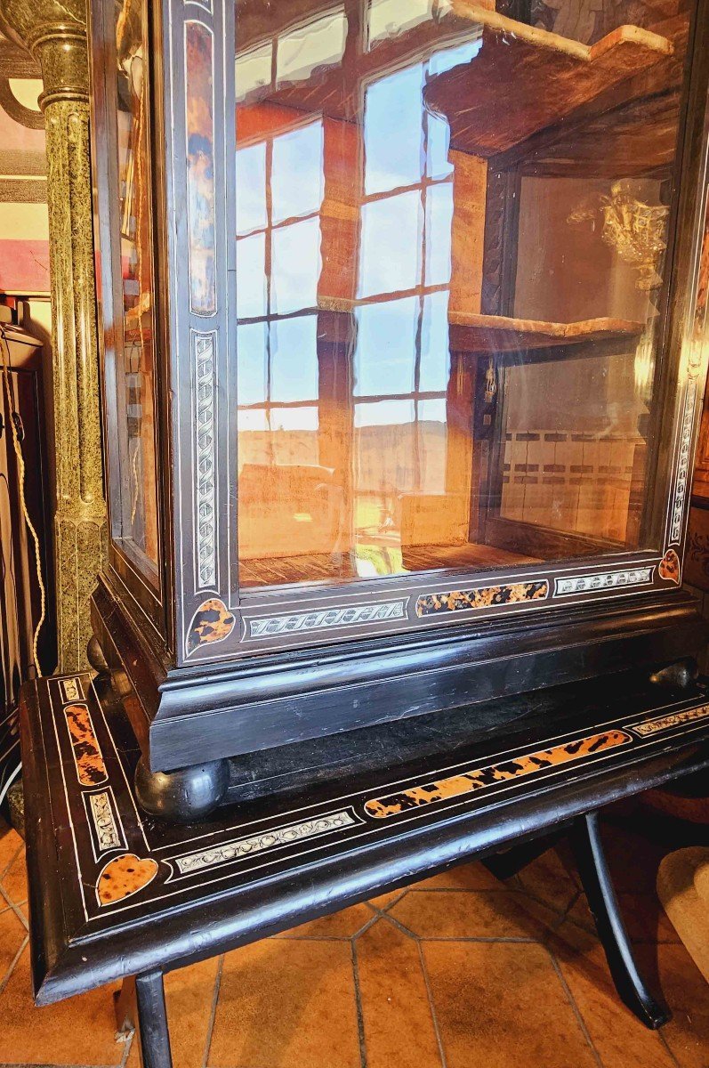 Vitrine Louis XIV Marqueté Ivoire Gravé Et écaille De Tortue Sur Pied En X-photo-8