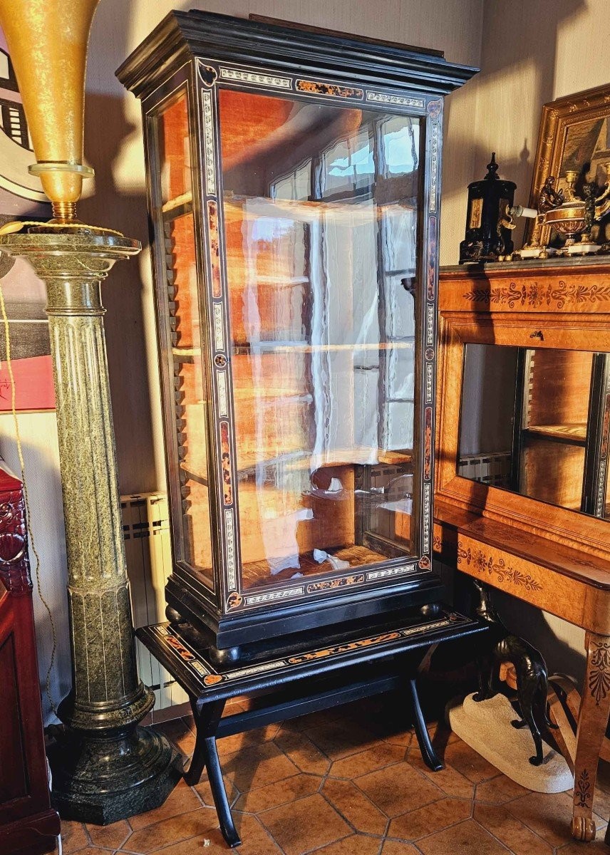 Vitrine Louis XIV Marqueté Ivoire Gravé Et écaille De Tortue Sur Pied En X