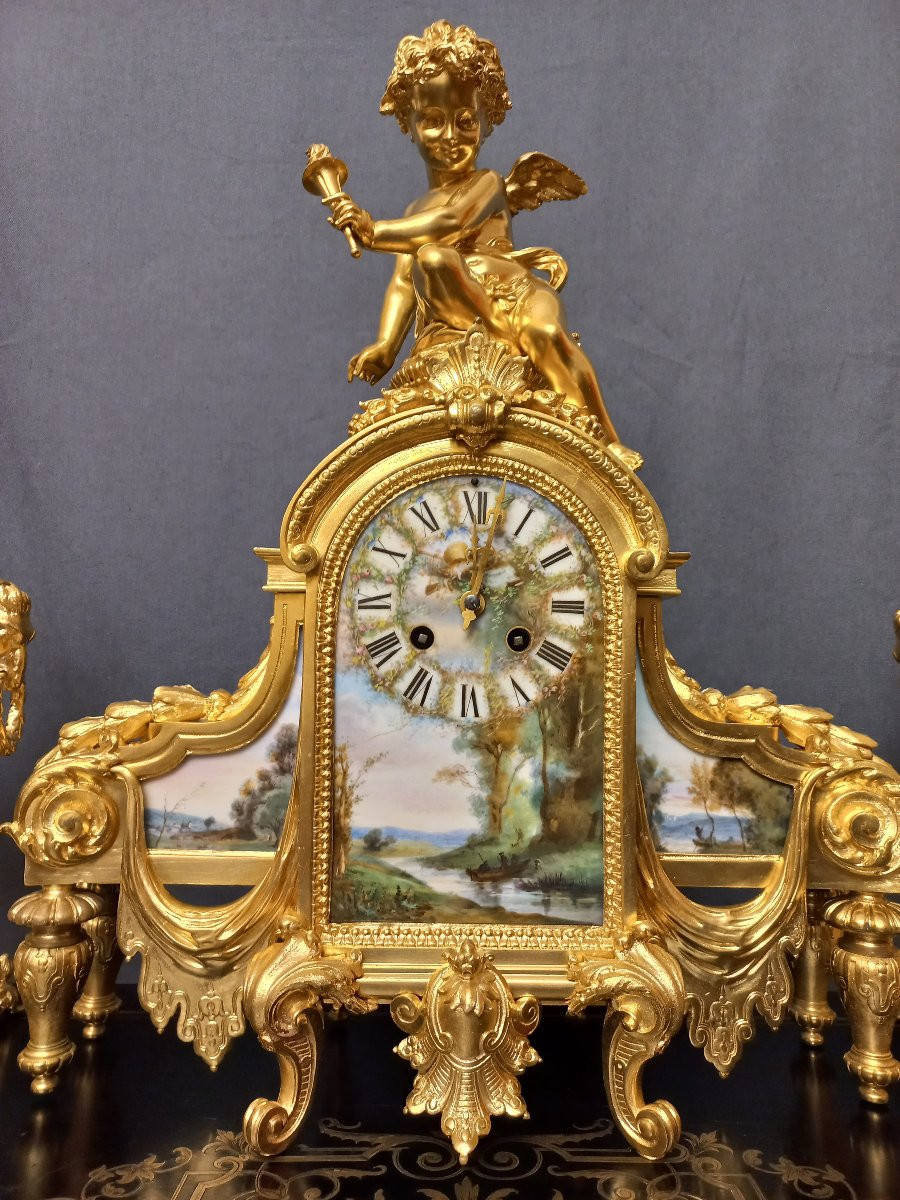 Garniture de cheminée en bronze et porcelaine-photo-2