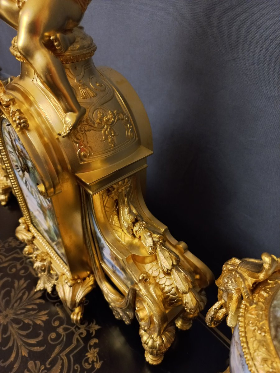 Garniture de cheminée en bronze et porcelaine-photo-3