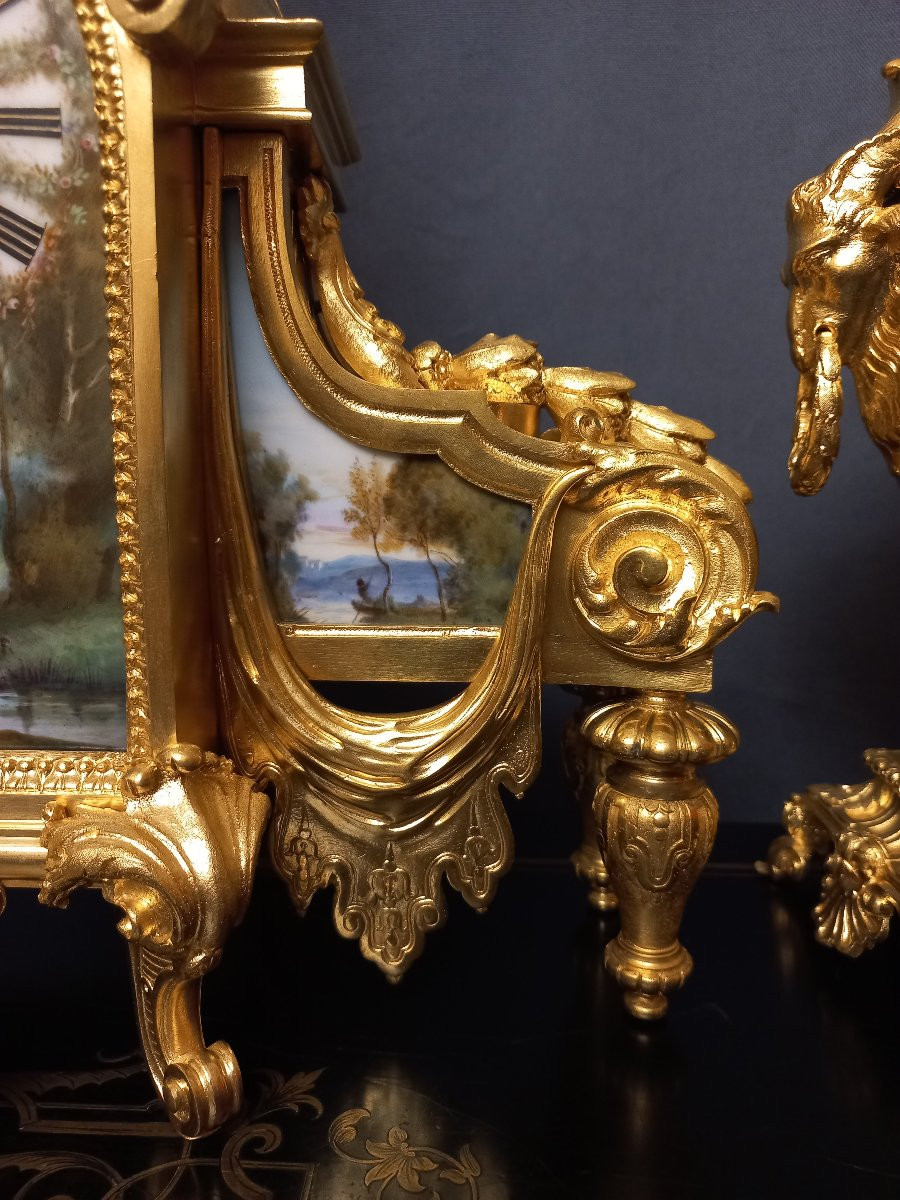 Garniture de cheminée en bronze et porcelaine-photo-6