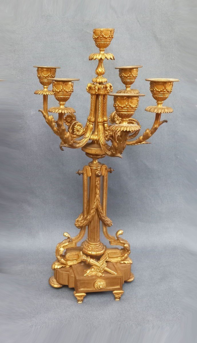 Grande Paire De Candélabres En Bronze Doré Style Louis XVI 19e-photo-3